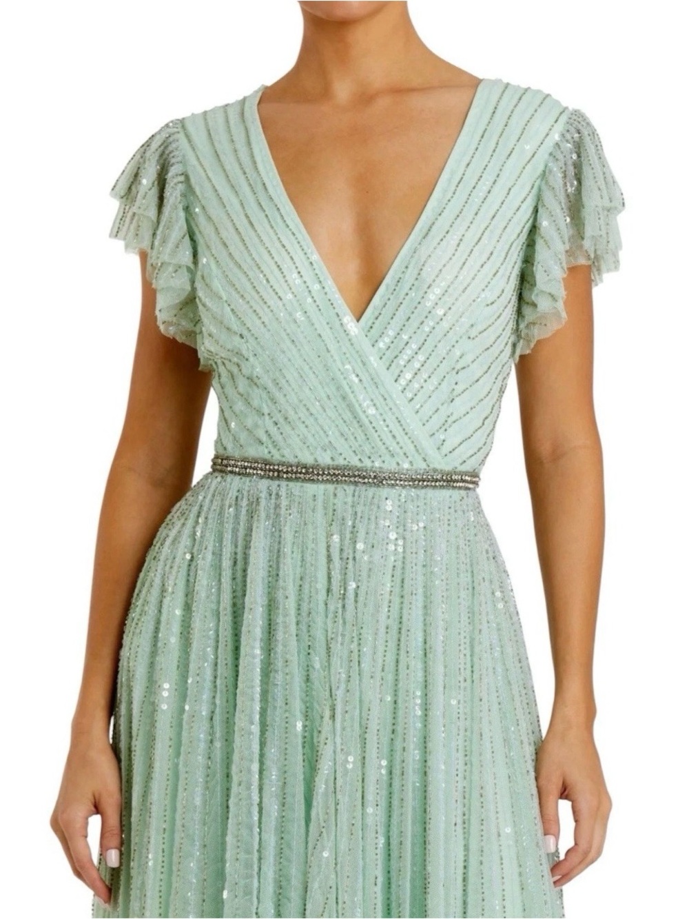 Mac Duggal Mint Green Sequin V-Neck Evening Gown - Picture 2 of 3